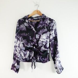 Jones New York Top M P Purple Floral Crop‎ Tie Front Blouse Cocktail Casual Y2K